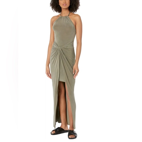AllSaints Ara Ada Halter High Low Olive Green Exotic Back Tie Sleeveless Dress - Picture 1 of 7